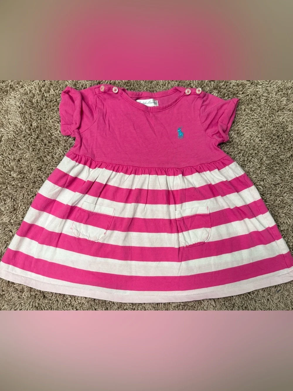 Ralph Lauren Baby Girl Pink White Striped Dress 6M Pony Logo Puff Sleeve